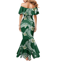 Polynesian Hawaiian Plumeria Tribal Pattern Family Matching Mermaid Dress and Hawaiian Shirt Green Version