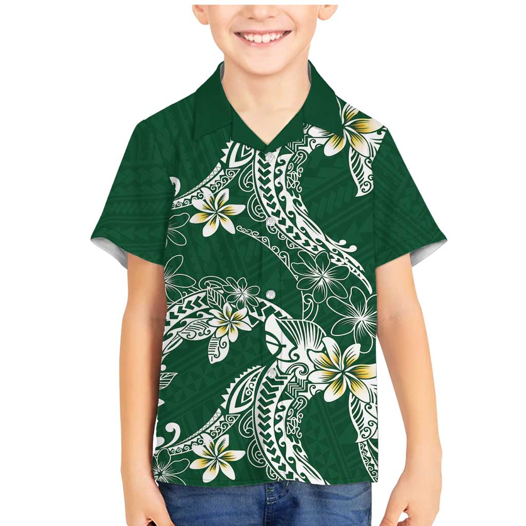 Polynesian Hawaiian Plumeria Tribal Pattern Family Matching Mermaid Dress and Hawaiian Shirt Green Version