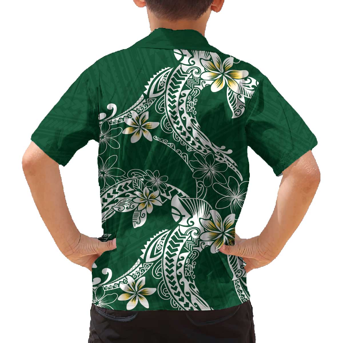 Polynesian Hawaiian Plumeria Tribal Pattern Family Matching Off The Shoulder Long Sleeve Dress and Hawaiian Shirt Green Version