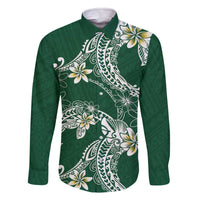 Polynesian Hawaiian Plumeria Tribal Pattern Family Matching Off The Shoulder Long Sleeve Dress and Hawaiian Shirt Green Version