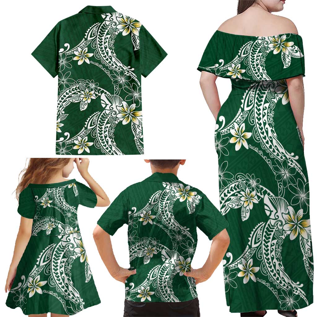 Polynesian Hawaiian Plumeria Tribal Pattern Family Matching Off Shoulder Maxi Dress and Hawaiian Shirt Green Version