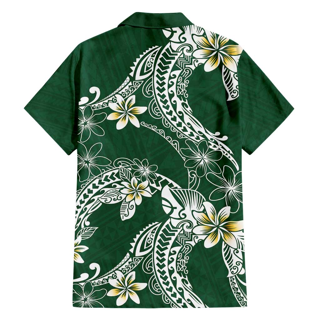 Polynesian Hawaiian Plumeria Tribal Pattern Family Matching Off Shoulder Maxi Dress and Hawaiian Shirt Green Version