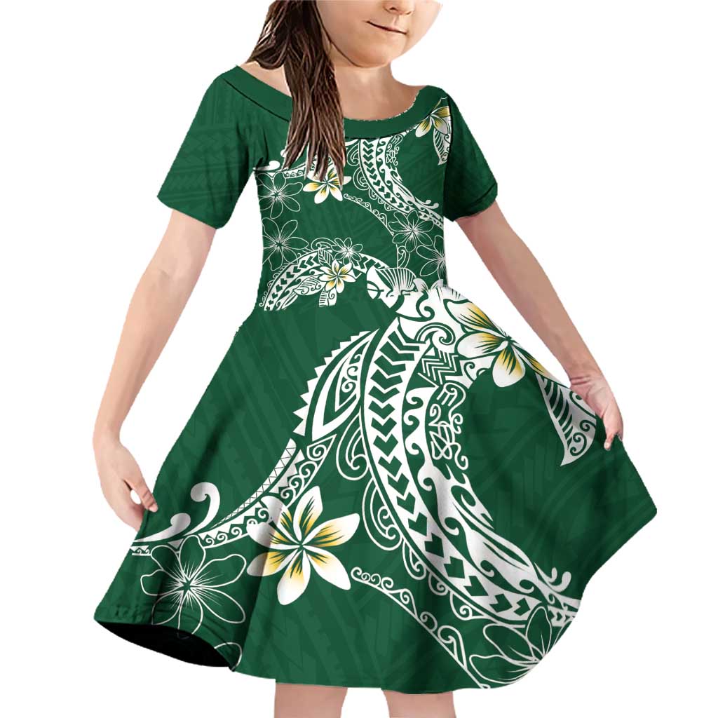 Polynesian Hawaiian Plumeria Tribal Pattern Family Matching Off Shoulder Short Dress and Hawaiian Shirt Green Version