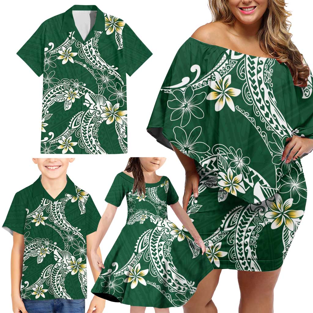 Polynesian Hawaiian Plumeria Tribal Pattern Family Matching Off Shoulder Short Dress and Hawaiian Shirt Green Version