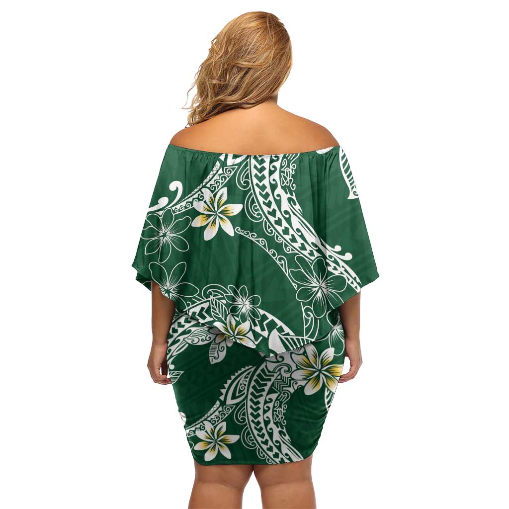 Polynesian Hawaiian Plumeria Tribal Pattern Family Matching Off Shoulder Short Dress and Hawaiian Shirt Green Version