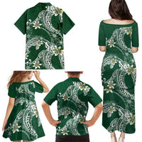 Polynesian Hawaiian Plumeria Tribal Pattern Family Matching Puletasi and Hawaiian Shirt Green Version