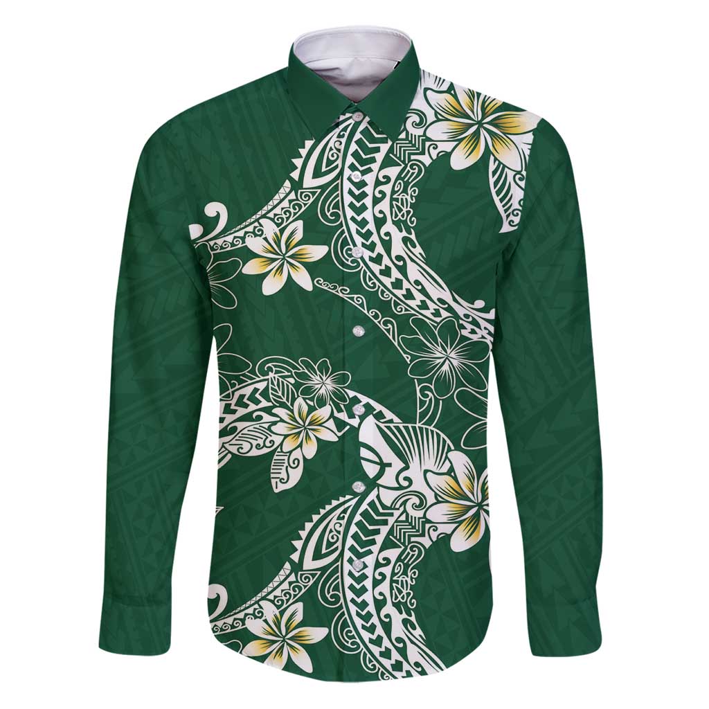Polynesian Hawaiian Plumeria Tribal Pattern Family Matching Puletasi and Hawaiian Shirt Green Version