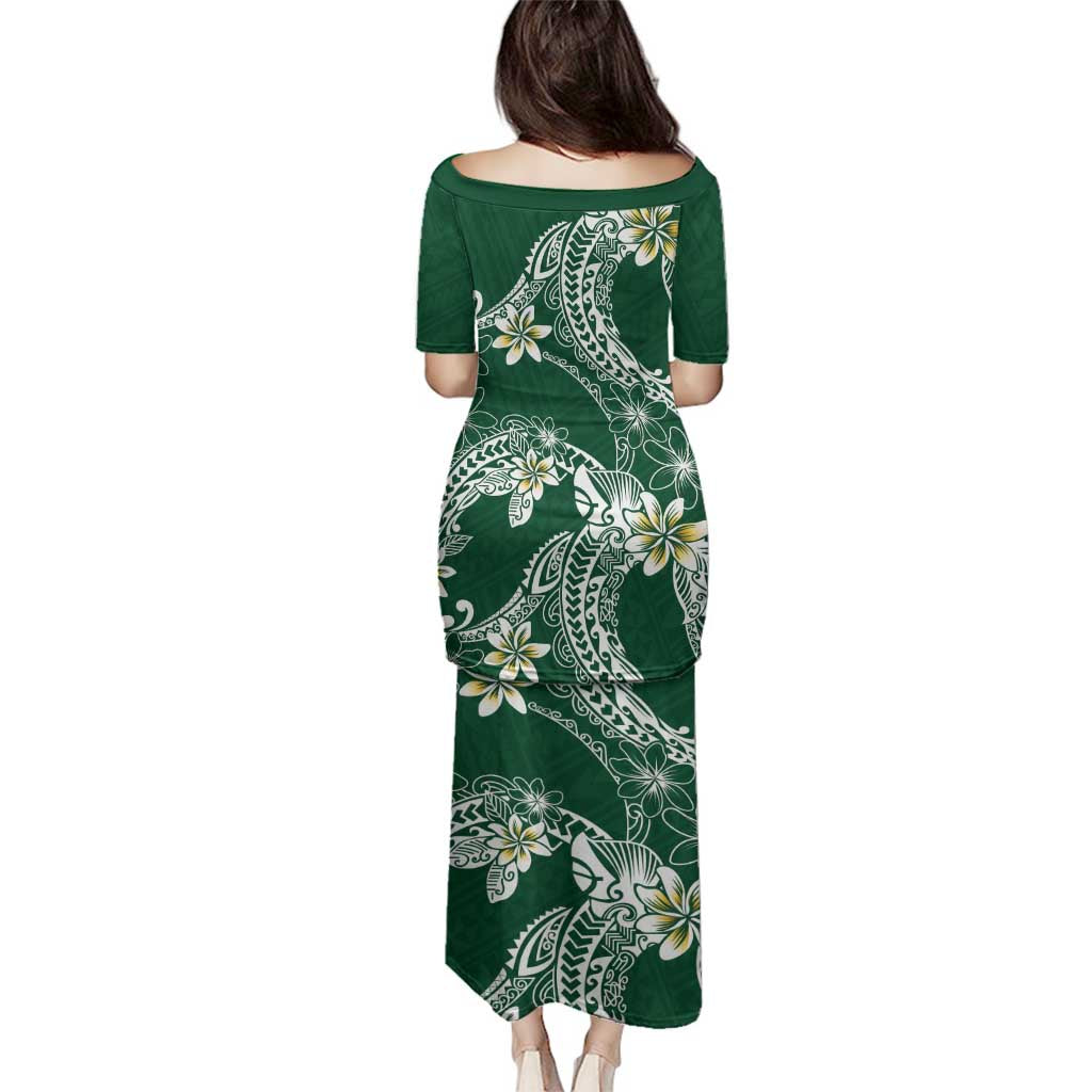 Polynesian Hawaiian Plumeria Tribal Pattern Family Matching Puletasi and Hawaiian Shirt Green Version