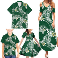 Polynesian Hawaiian Plumeria Tribal Pattern Family Matching Summer Maxi Dress and Hawaiian Shirt Green Version