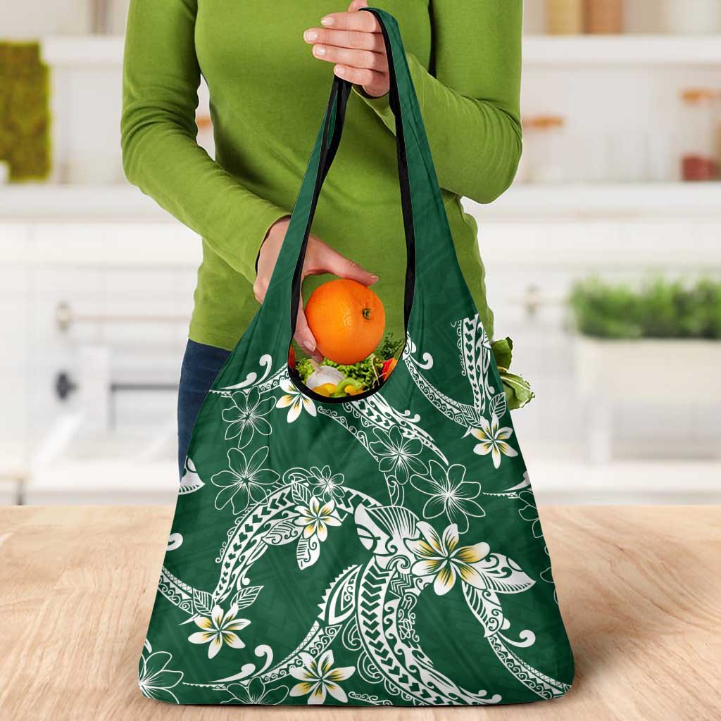 Polynesian Hawaiian Plumeria Tribal Pattern Grocery Bag Green Version