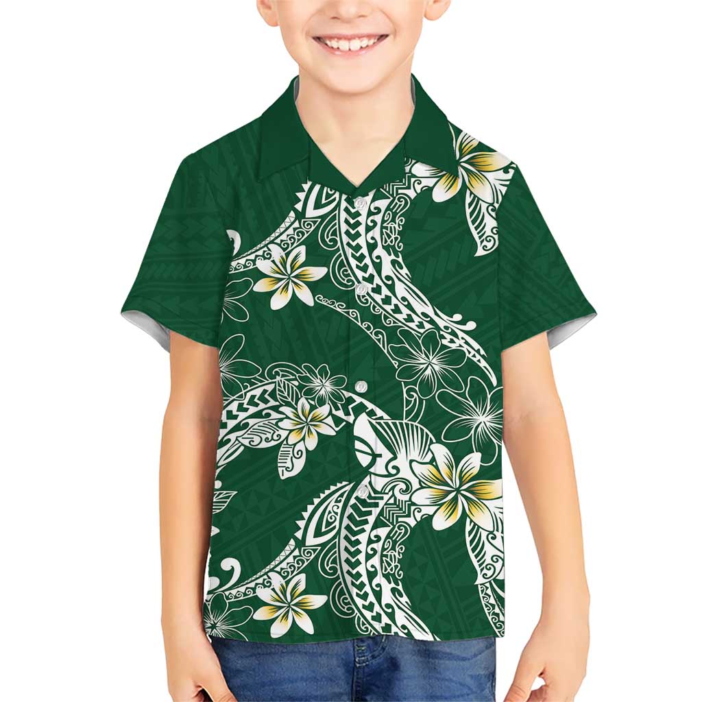 Polynesian Hawaiian Plumeria Tribal Pattern Kid Hawaiian Shirt Green Version
