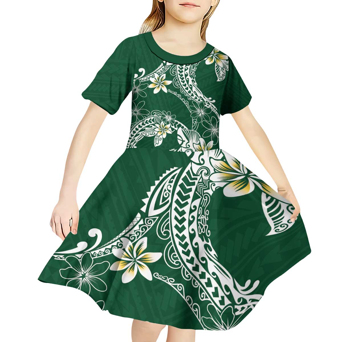 Polynesian Hawaiian Plumeria Tribal Pattern Kid Short Sleeve Dress Green Version