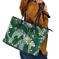 Polynesian Hawaiian Plumeria Tribal Pattern Leather Tote Bag Green Version