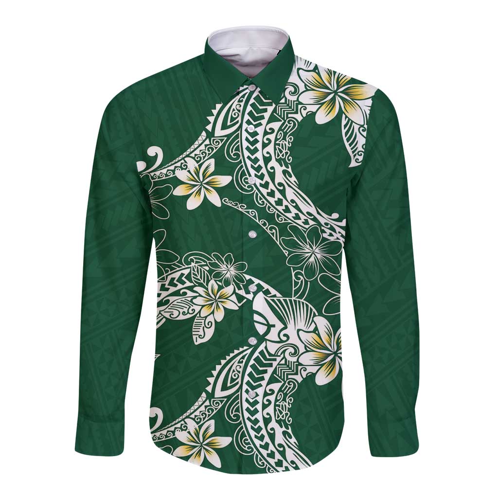 Polynesian Hawaiian Plumeria Tribal Pattern Long Sleeve Button Shirt Green Version LT01 Unisex Green - Polynesian Pride
