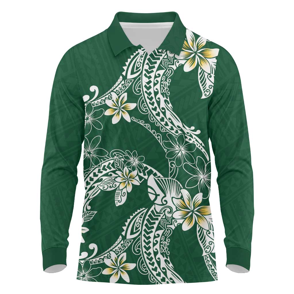 Polynesian Hawaiian Plumeria Tribal Pattern Long Sleeve Polo Shirt Green Version