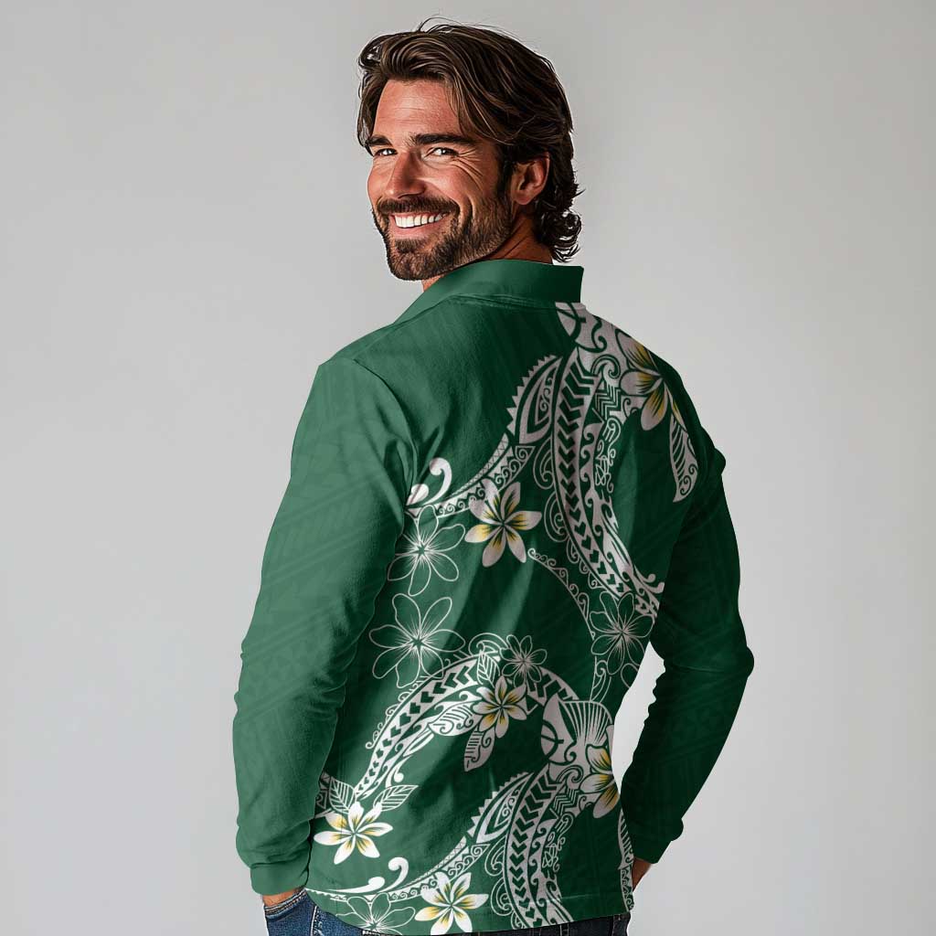 Polynesian Hawaiian Plumeria Tribal Pattern Long Sleeve Polo Shirt Green Version