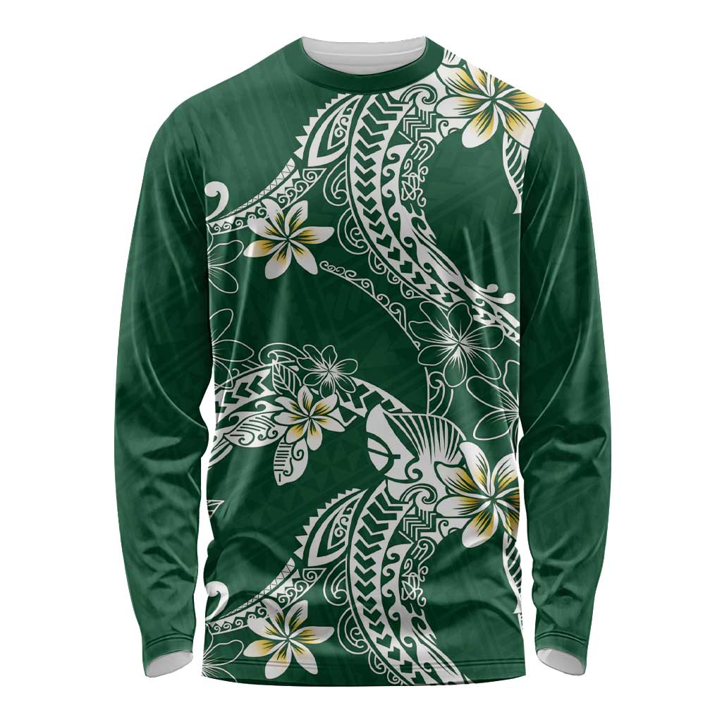 Polynesian Hawaiian Plumeria Tribal Pattern Long Sleeve Shirt Green Version LT01 Unisex Green - Polynesian Pride