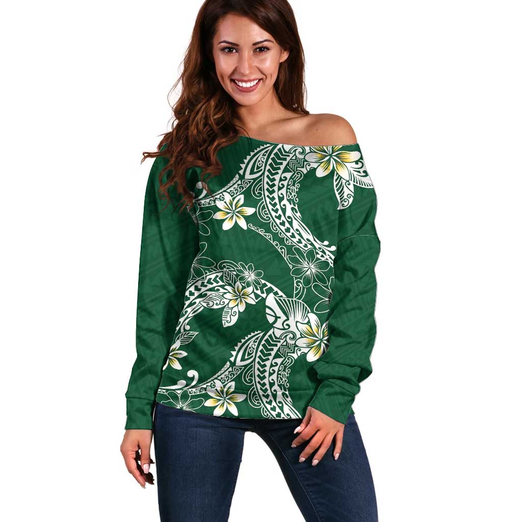 Polynesian Hawaiian Plumeria Tribal Pattern Off Shoulder Sweater Green Version