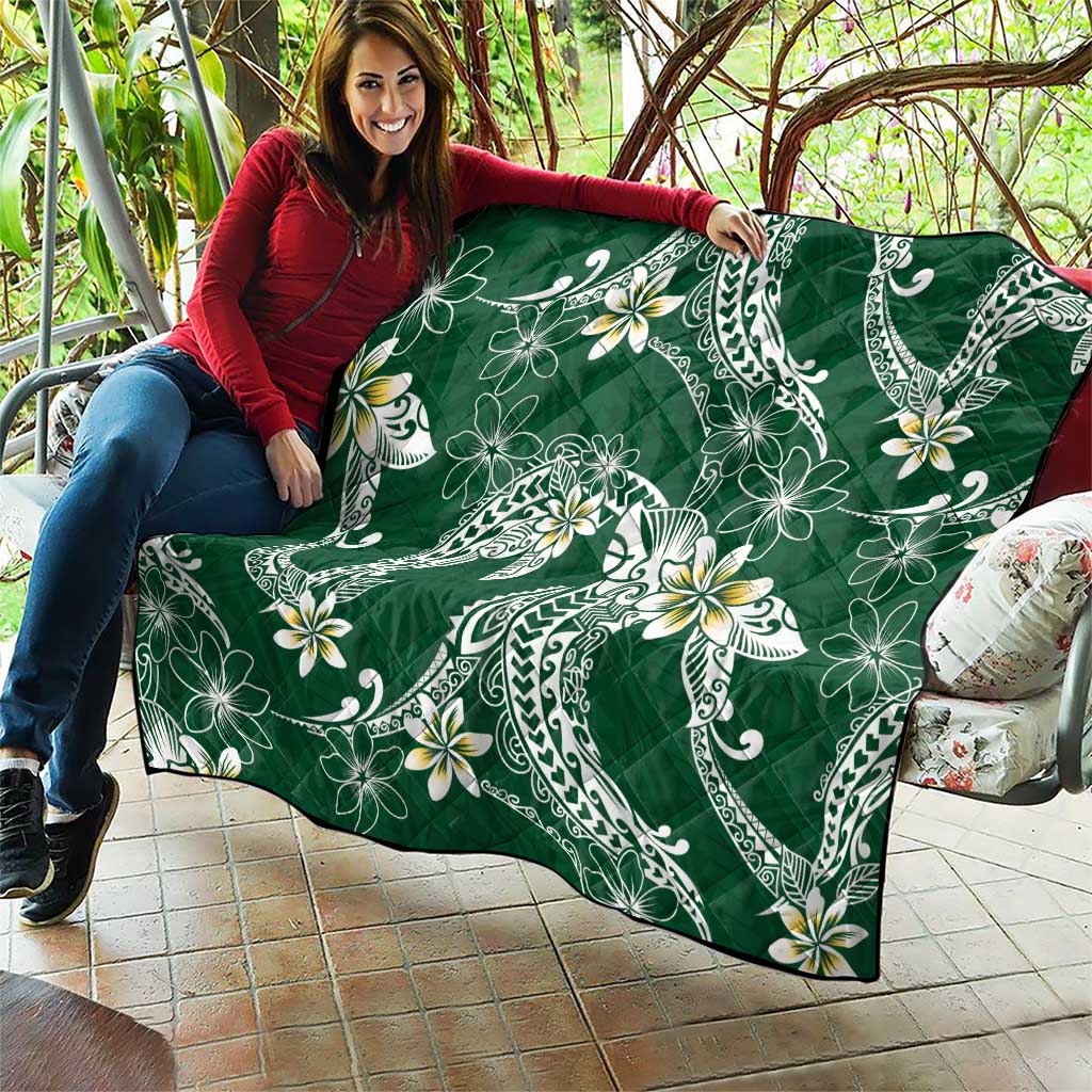 Polynesian Hawaiian Plumeria Tribal Pattern Quilt Green Version