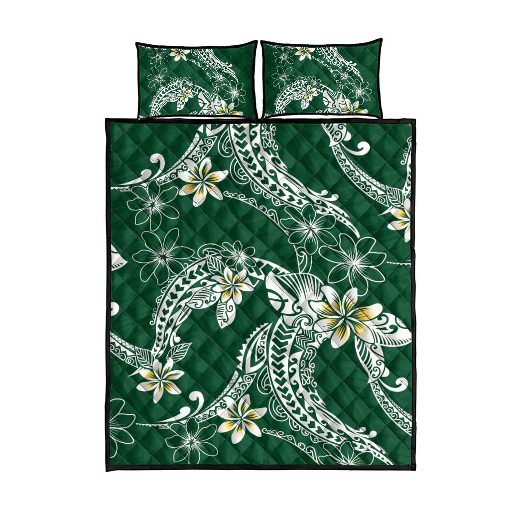 Polynesian Hawaiian Plumeria Tribal Pattern Quilt Bed Set Green Version