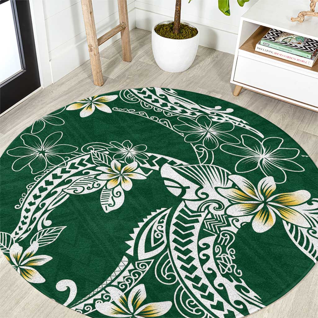 Polynesian Hawaiian Plumeria Tribal Pattern Round Carpet Green Version