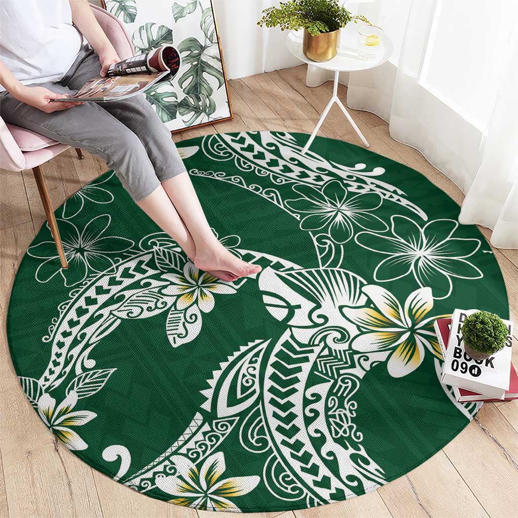Polynesian Hawaiian Plumeria Tribal Pattern Round Carpet Green Version