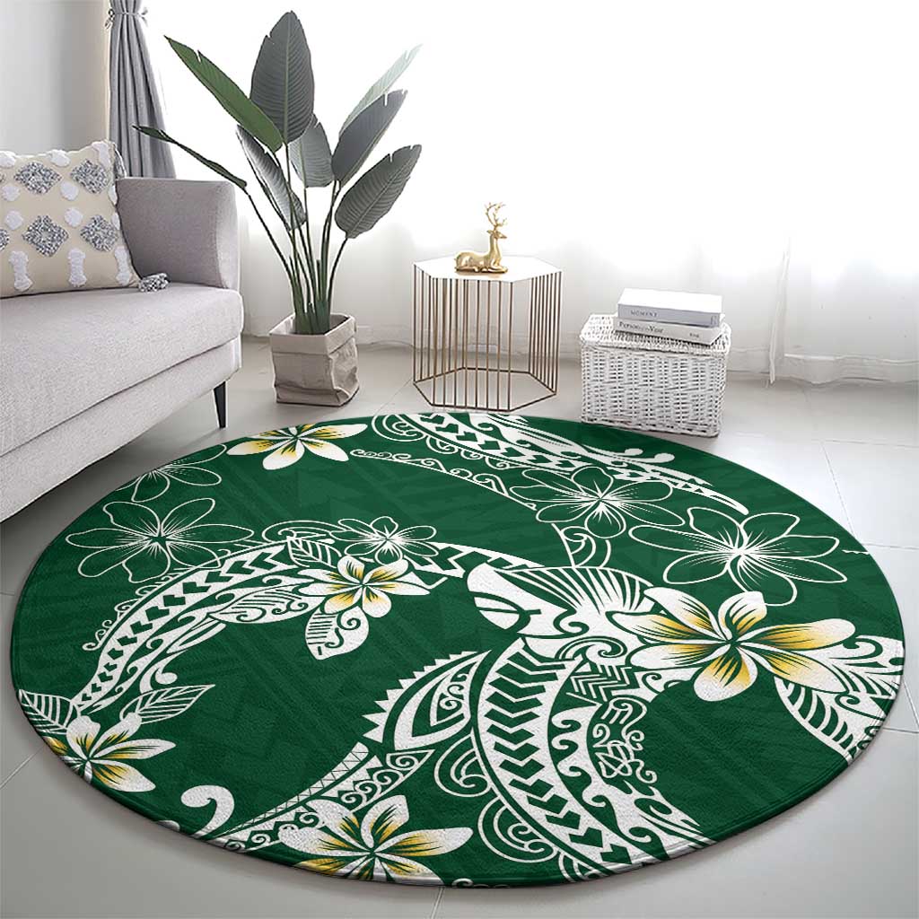 Polynesian Hawaiian Plumeria Tribal Pattern Round Carpet Green Version