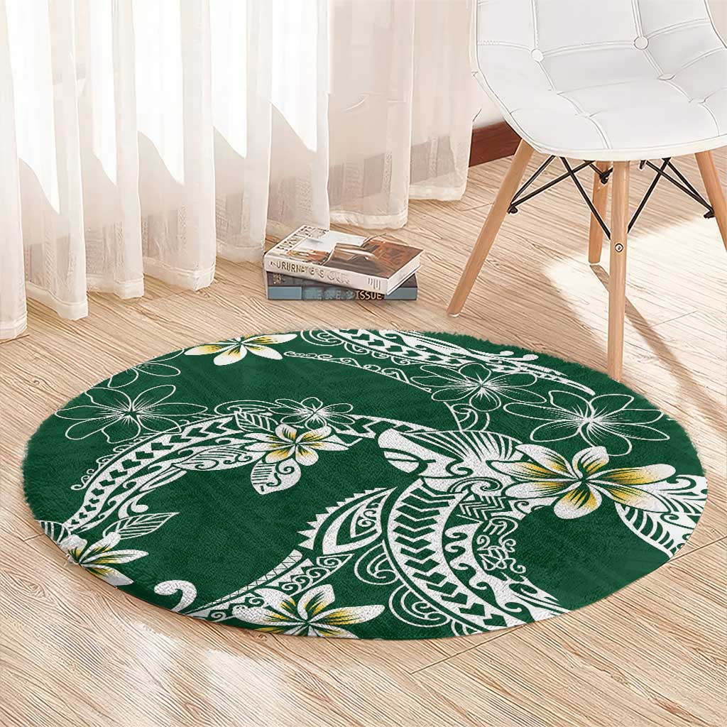Polynesian Hawaiian Plumeria Tribal Pattern Round Carpet Green Version