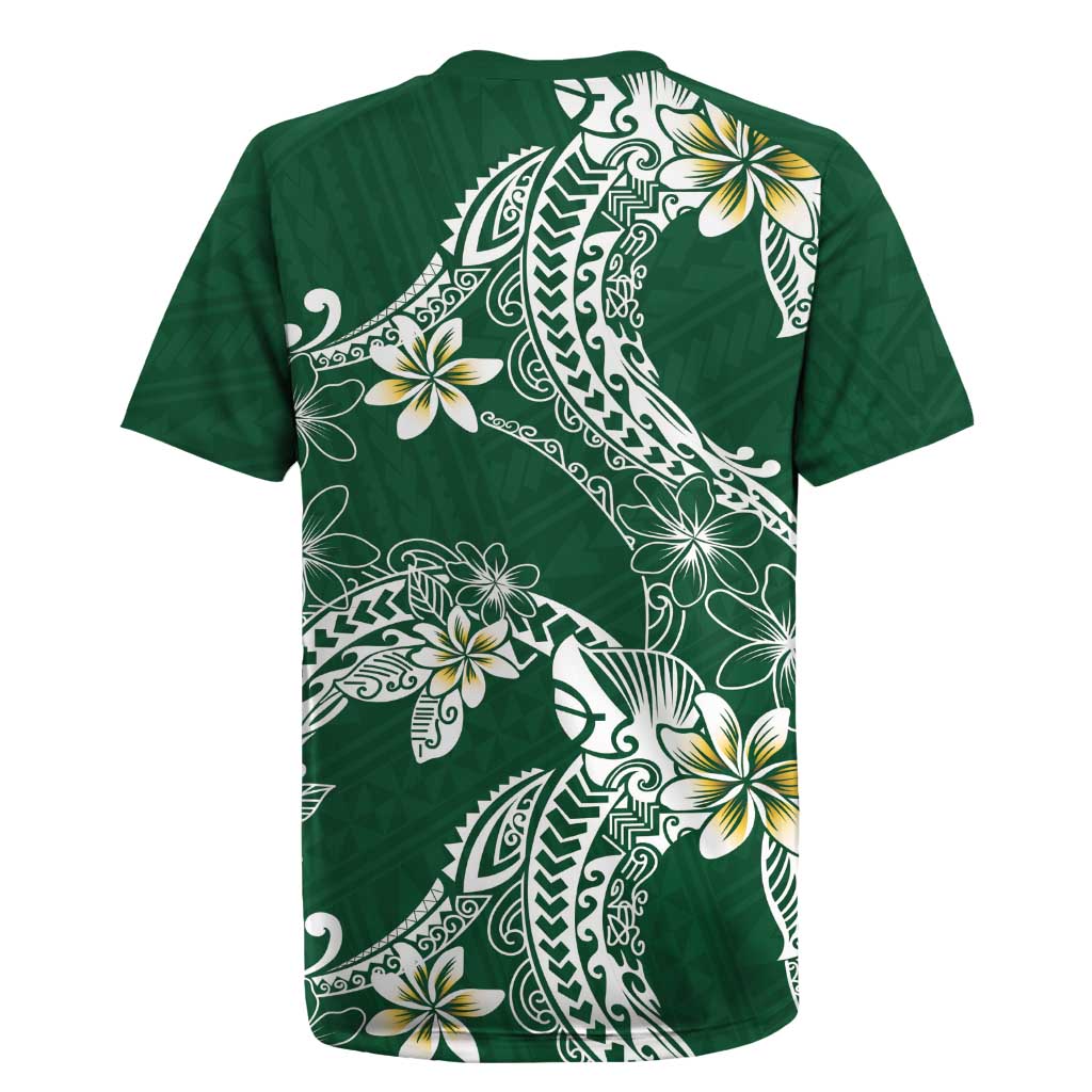 Polynesian Hawaiian Plumeria Tribal Pattern Rugby Jersey Green Version