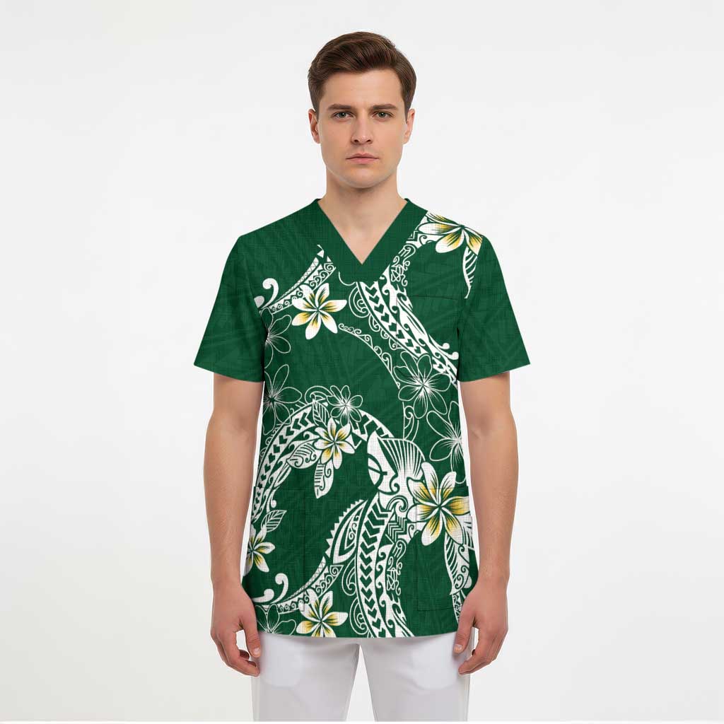 Polynesian Hawaiian Plumeria Tribal Pattern Scrub Top Green Version - Polynesian Pride