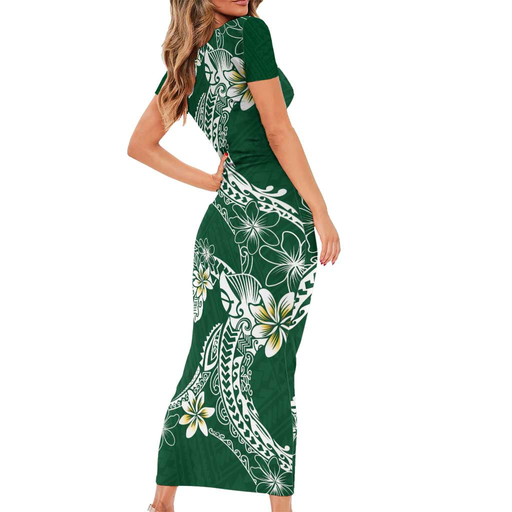 Polynesian Hawaiian Plumeria Tribal Pattern Short Sleeve Bodycon Dress Green Version