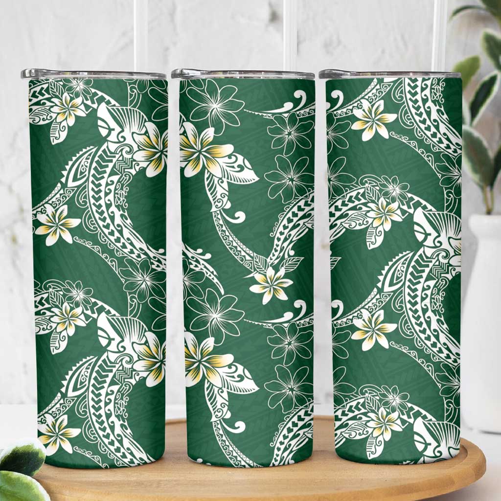 Polynesian Hawaiian Plumeria Tribal Pattern Skinny Tumbler Green Version