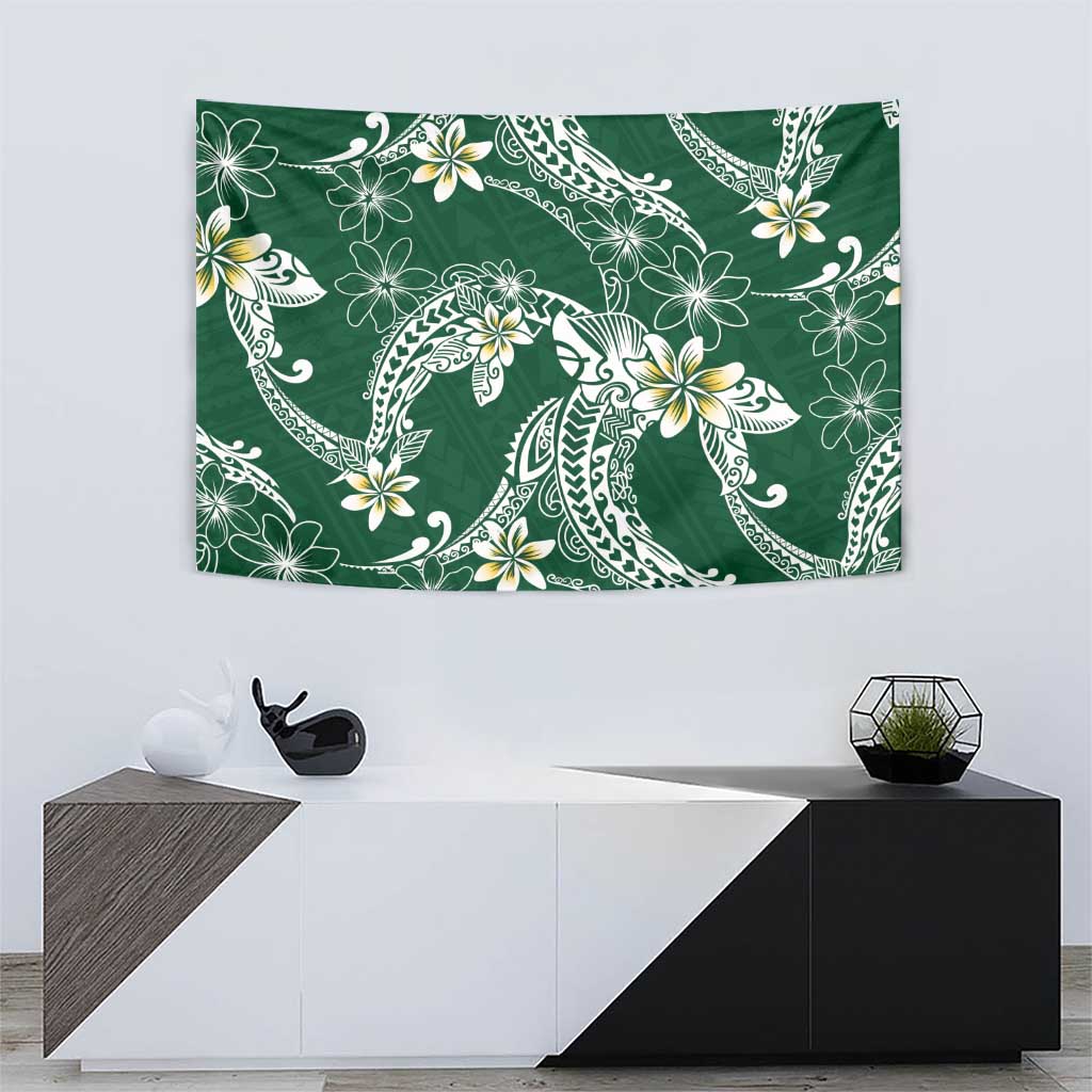 Polynesian Hawaiian Plumeria Tribal Pattern Tapestry Green Version