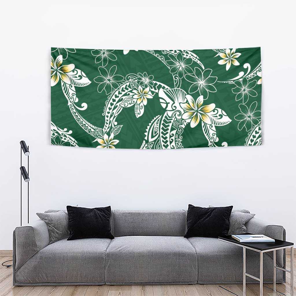 Polynesian Hawaiian Plumeria Tribal Pattern Tapestry Green Version