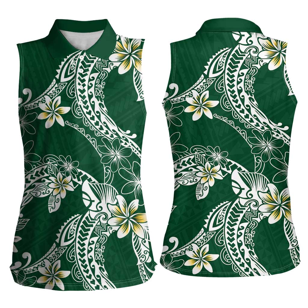 Polynesian Hawaiian Plumeria Tribal Pattern Women Sleeveless Polo Shirt Green Version