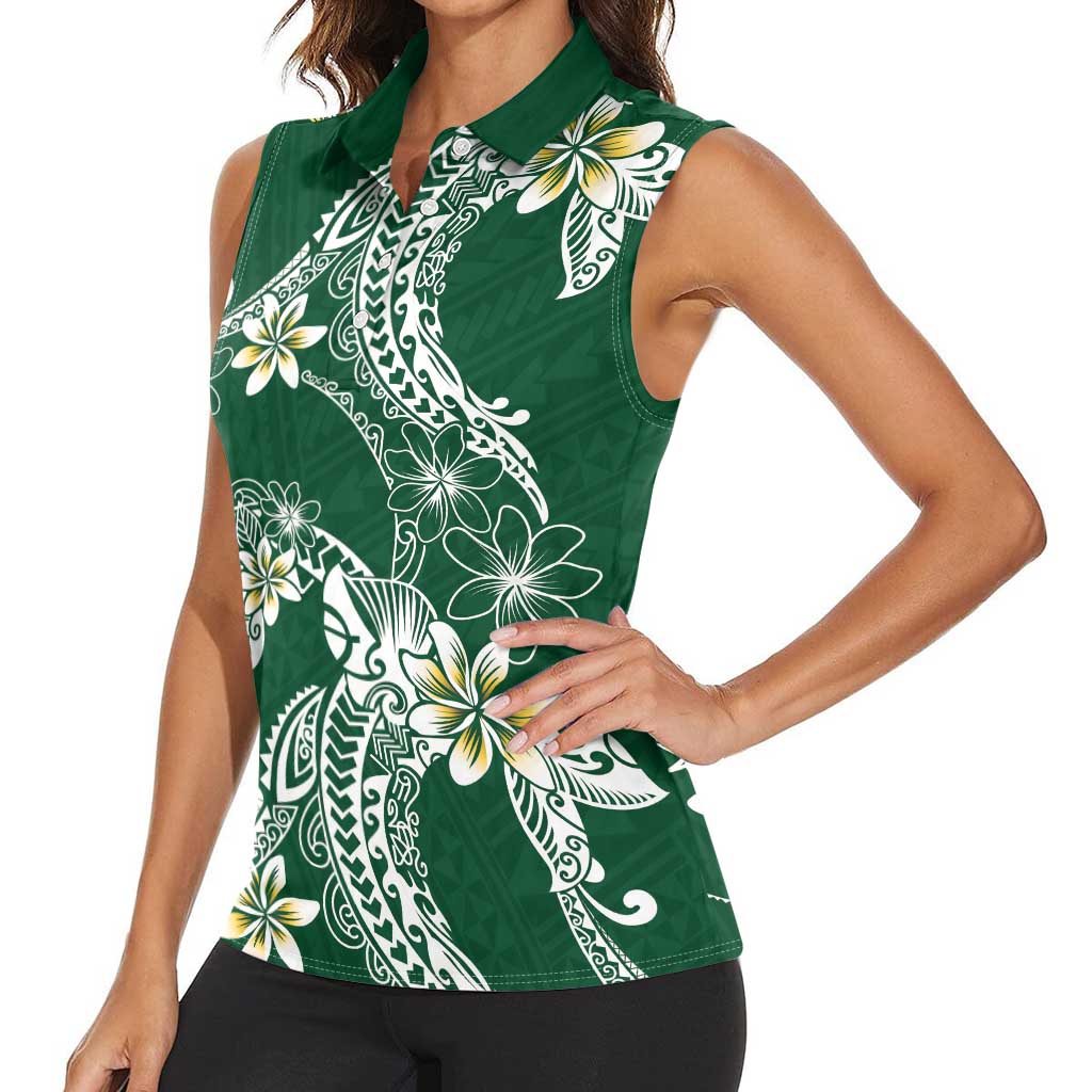 Polynesian Hawaiian Plumeria Tribal Pattern Women Sleeveless Polo Shirt Green Version