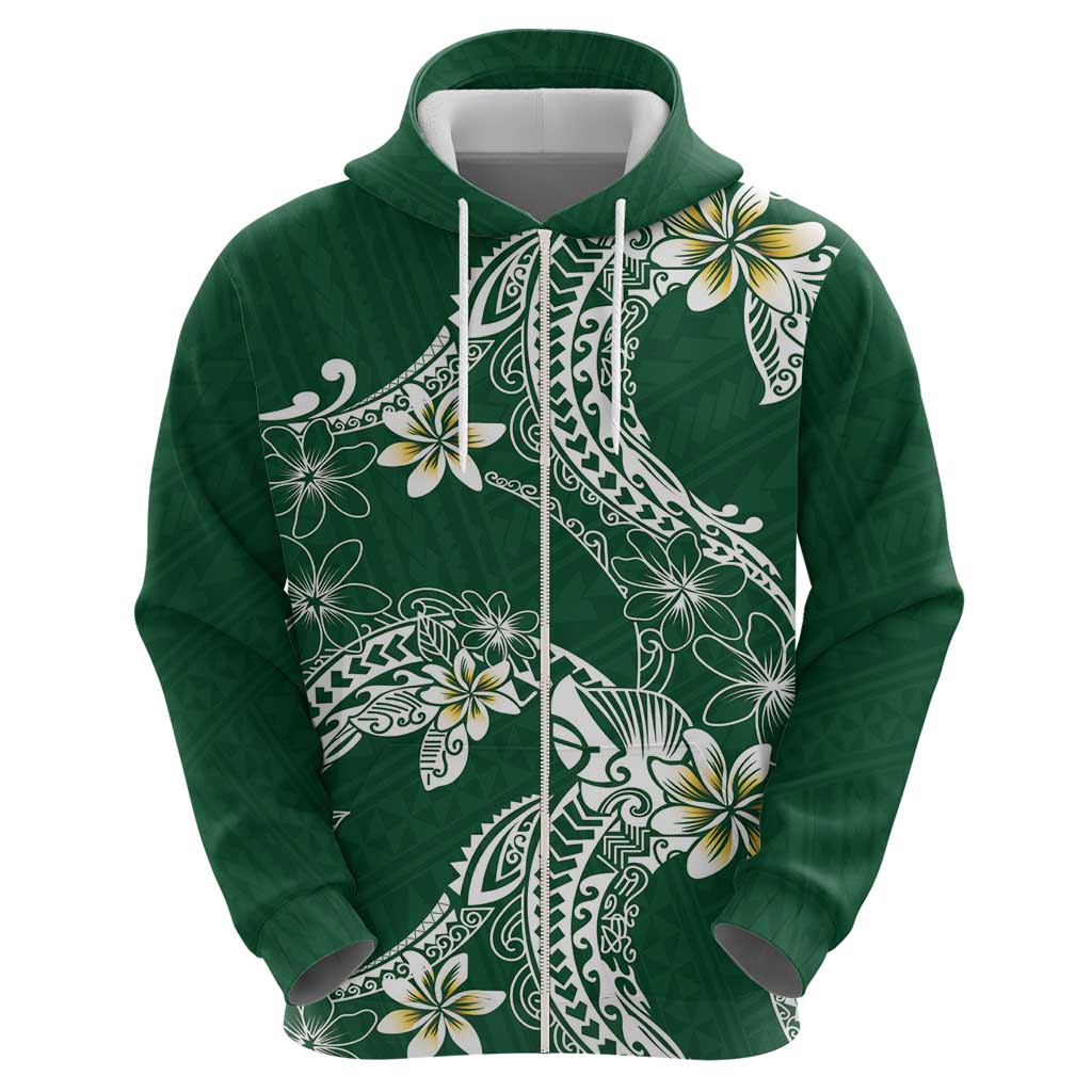 Polynesian Hawaiian Plumeria Tribal Pattern Zip Hoodie Green Version