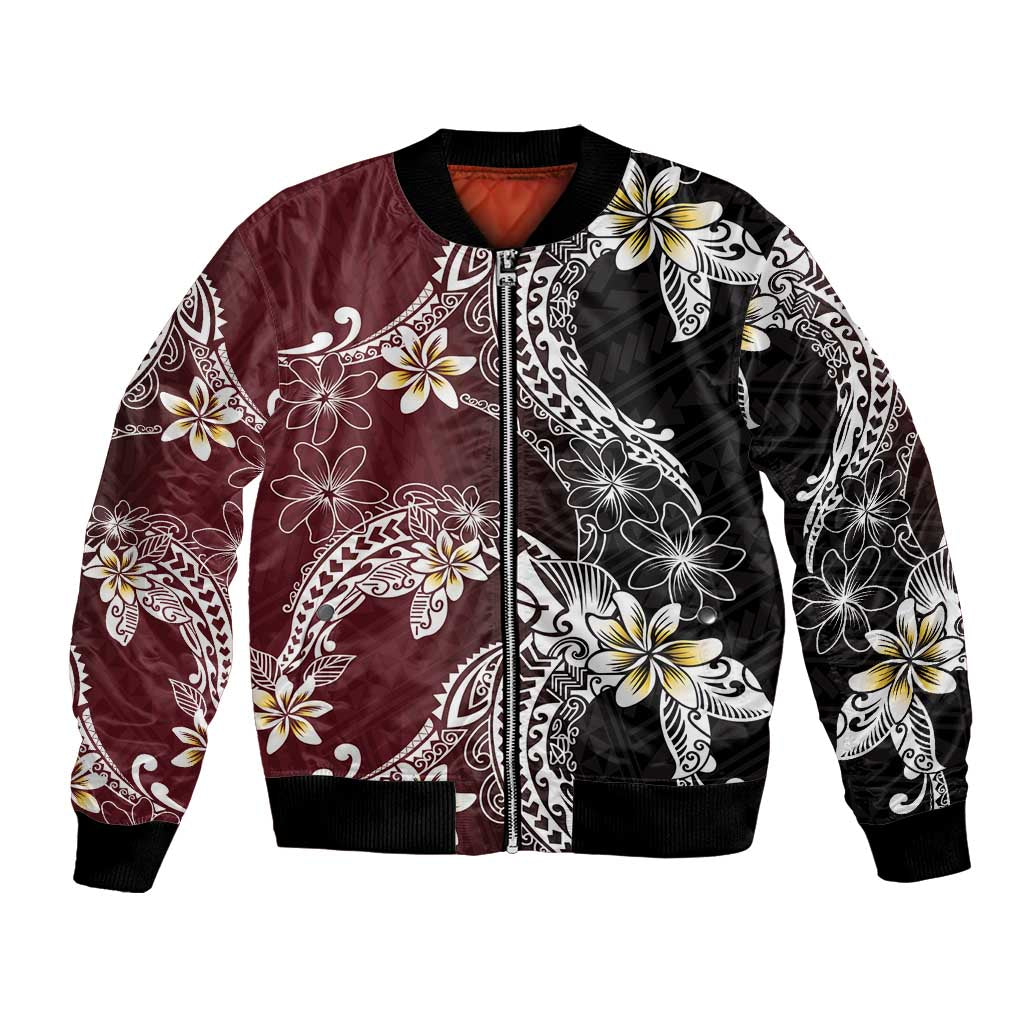 Polynesian Hawaiian Plumeria Tribal Pattern Bomber Jacket Special Wine Red Version