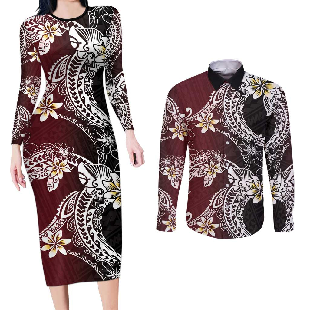 Polynesian Hawaiian Plumeria Tribal Pattern Couples Matching Long Sleeve Bodycon Dress and Long Sleeve Button Shirt Special Wine Red Version LT01 Red - Polynesian Pride