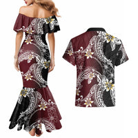 Polynesian Hawaiian Plumeria Tribal Pattern Couples Matching Mermaid Dress and Hawaiian Shirt Special Wine Red Version