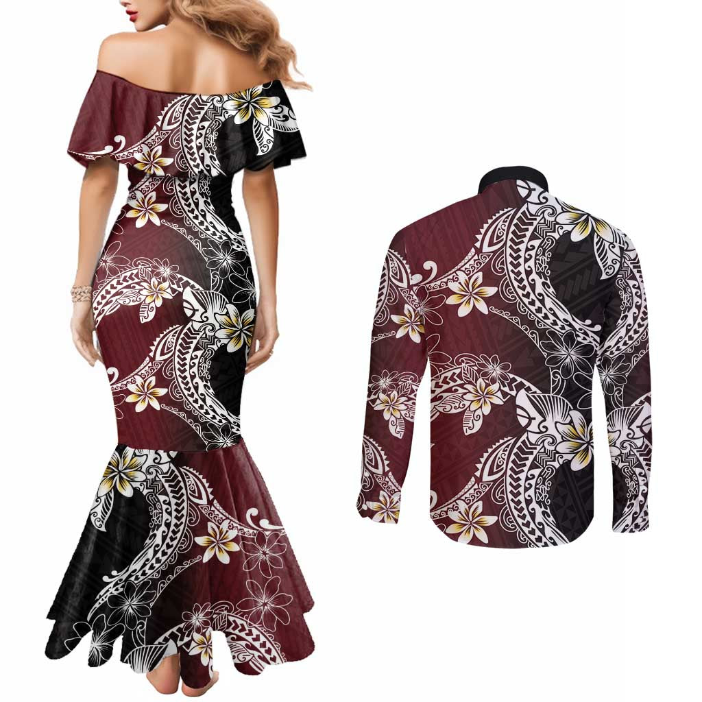 Polynesian Hawaiian Plumeria Tribal Pattern Couples Matching Mermaid Dress and Long Sleeve Button Shirt Special Wine Red Version LT01 - Polynesian Pride