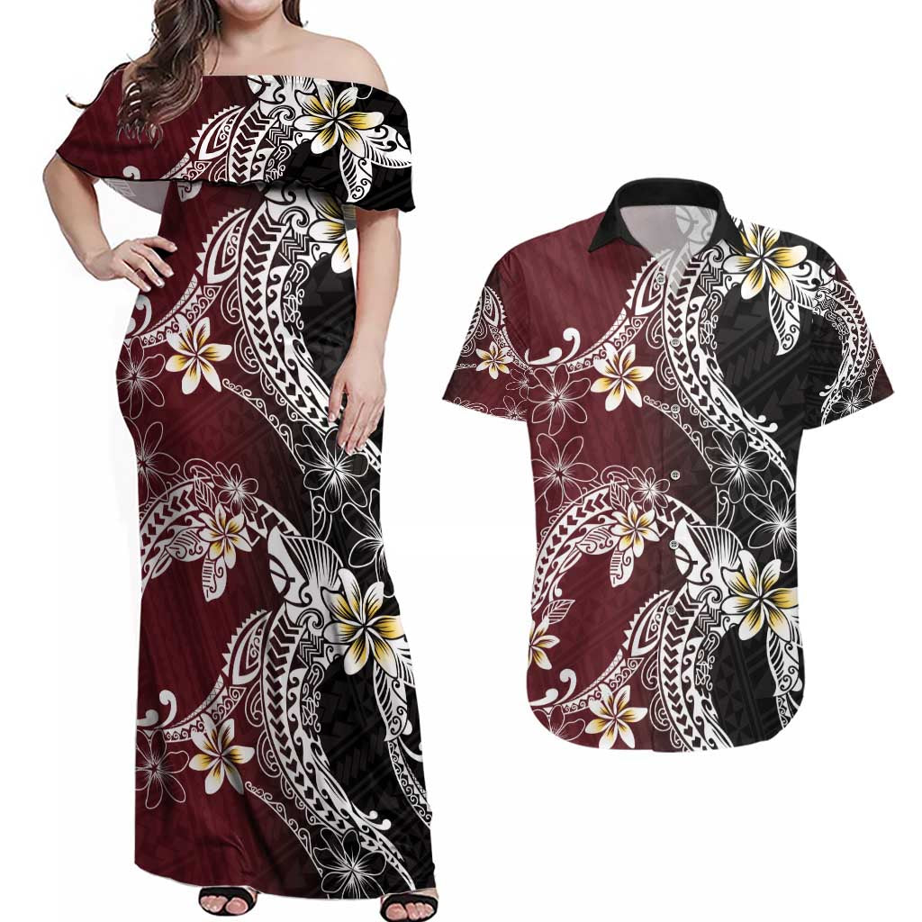 Polynesian Hawaiian Plumeria Tribal Pattern Couples Matching Off Shoulder Maxi Dress and Hawaiian Shirt Special Wine Red Version LT01 Red - Polynesian Pride