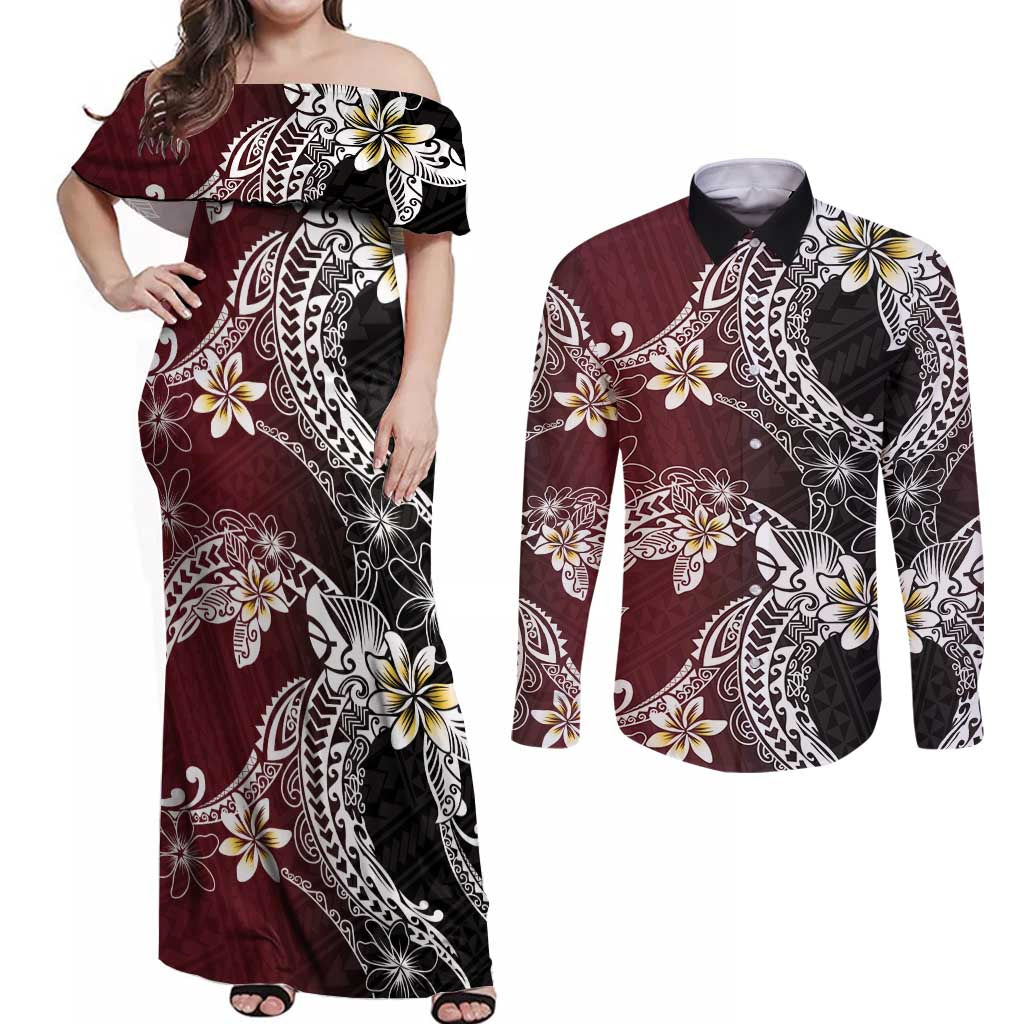 Polynesian Hawaiian Plumeria Tribal Pattern Couples Matching Off Shoulder Maxi Dress and Long Sleeve Button Shirt Special Wine Red Version LT01 Red - Polynesian Pride