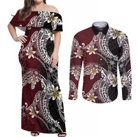 Polynesian Hawaiian Plumeria Tribal Pattern Couples Matching Off Shoulder Maxi Dress and Long Sleeve Button Shirt Special Wine Red Version LT01 Red - Polynesian Pride