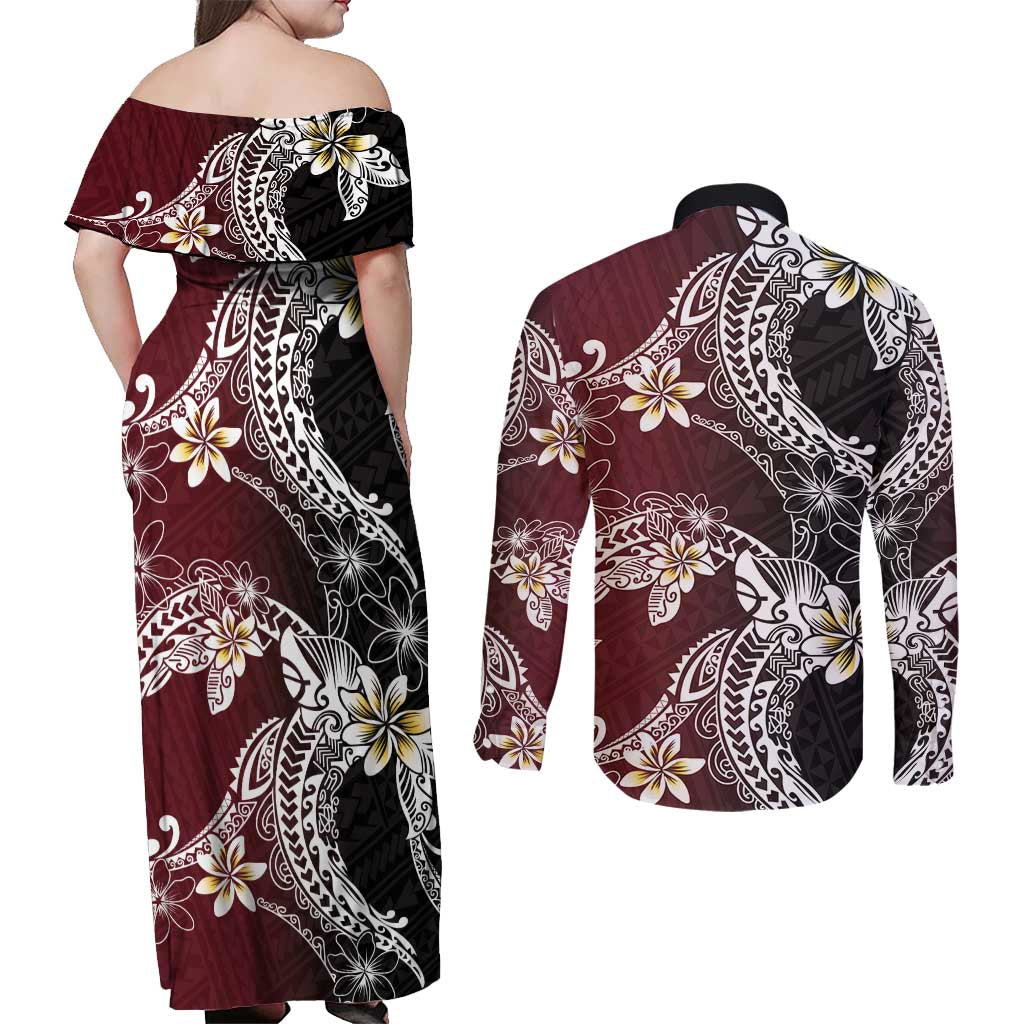 Polynesian Hawaiian Plumeria Tribal Pattern Couples Matching Off Shoulder Maxi Dress and Long Sleeve Button Shirt Special Wine Red Version LT01 - Polynesian Pride