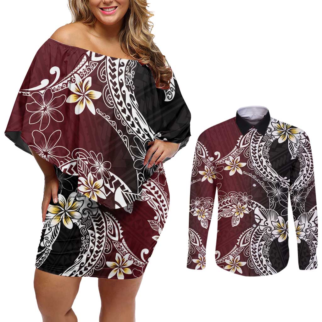 Polynesian Hawaiian Plumeria Tribal Pattern Couples Matching Off Shoulder Short Dress and Long Sleeve Button Shirt Special Wine Red Version LT01 Red - Polynesian Pride
