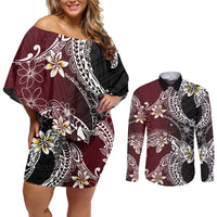 Polynesian Hawaiian Plumeria Tribal Pattern Couples Matching Off Shoulder Short Dress and Long Sleeve Button Shirt Special Wine Red Version LT01 Red - Polynesian Pride