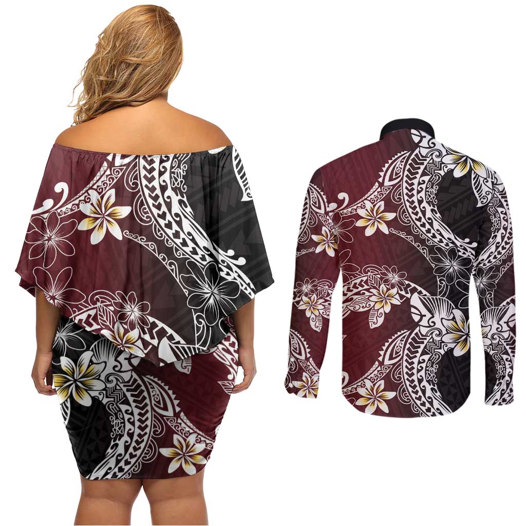Polynesian Hawaiian Plumeria Tribal Pattern Couples Matching Off Shoulder Short Dress and Long Sleeve Button Shirt Special Wine Red Version LT01 - Polynesian Pride