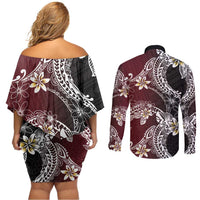 Polynesian Hawaiian Plumeria Tribal Pattern Couples Matching Off Shoulder Short Dress and Long Sleeve Button Shirt Special Wine Red Version LT01 - Polynesian Pride