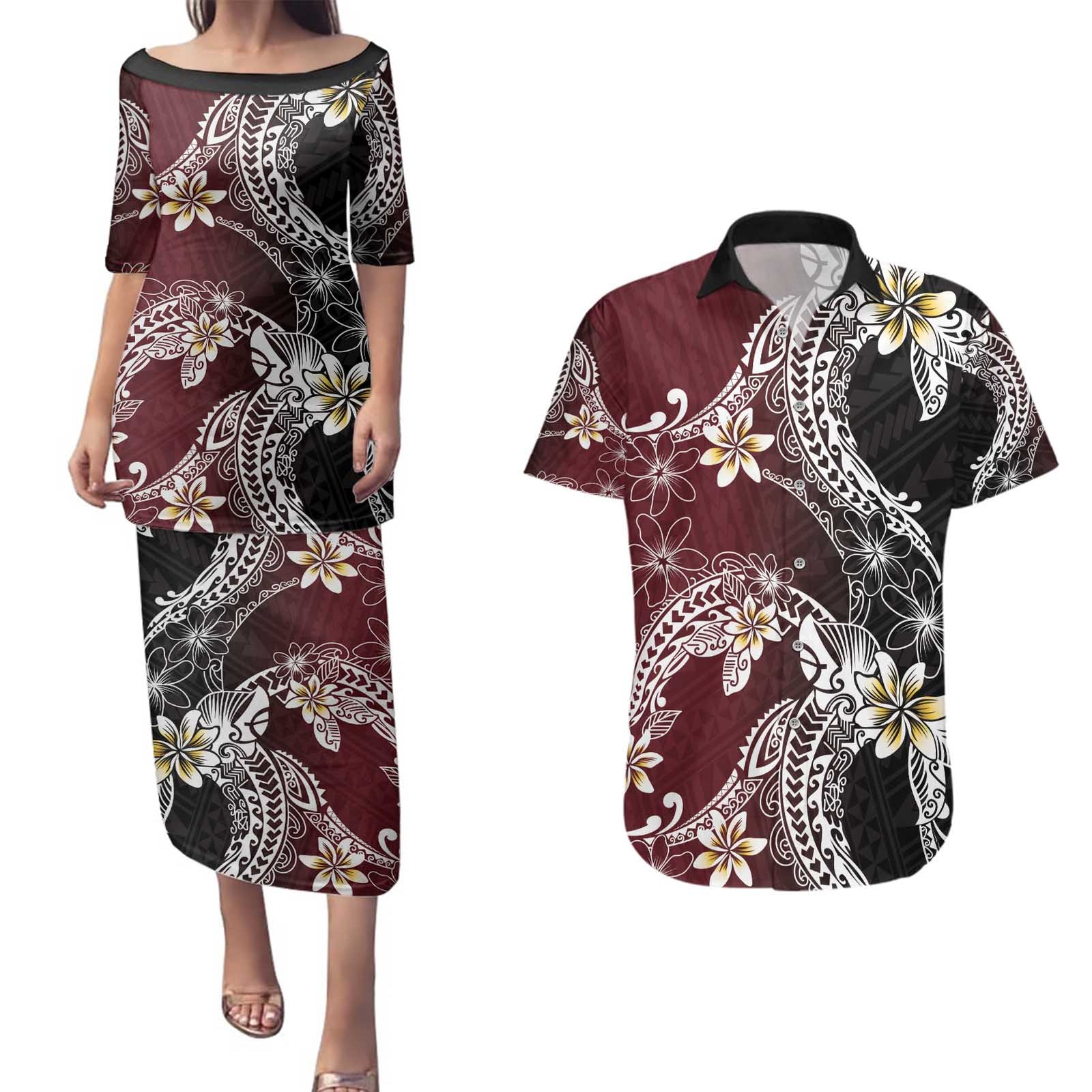 Polynesian Hawaiian Plumeria Tribal Pattern Couples Matching Puletasi and Hawaiian Shirt Special Wine Red Version LT01 Red - Polynesian Pride